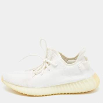 Pre Owned Yeezy x Adidas White Knit Fabric Boost 350 V2 Cream Sneakers Size 46 2/3