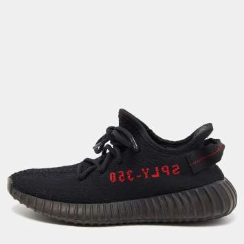 Pre Owned Yeezy x Adidas Black/Red Knit Fabric Boost 350 V2 Bred Sneakers Size 38