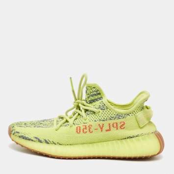 Pre Owned Yeezy x Adidas Yellow/Blue Knit Fabric Boost 350 V2 Semi Frozen Yellow Sneakers Size 40