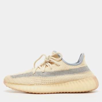 Pre Owned Yeezy x Adidas Beige/Grey Knit Fabric Boost 350 V2 Linen Sneakers Size 41 1/3