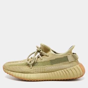 Pre Owned Yeezy x Adidas Green Knit Fabric Boost 350 V2 Sulfur Sneakers Size 42