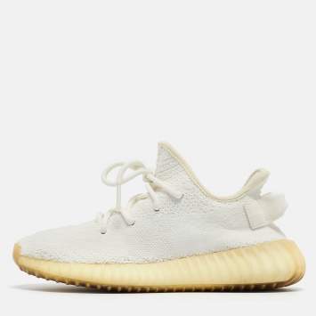 Pre Owned Yeezy x Adidas White Knit Fabric Boost 350 V2 Triple White Sneakers Size 37 1/3