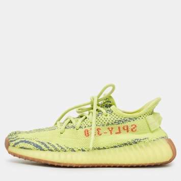 Pre Owned Yeezy x Adidas Neon Yellow/Blue Knit Fabric Boost 350 V2 Semi Frozen Yellow Sneakers Size 39 1/3
