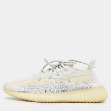 Pre Owned Yeezy x Adidas White/Grey Knit Fabric Boost 350 V2 Cloud White Reflective Sneakers Size 39 1/3
