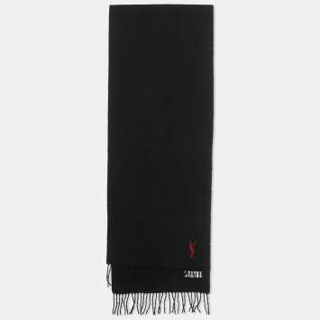 Pre Owned Yves Saint Laurent Black Wool Fringed Muffler 