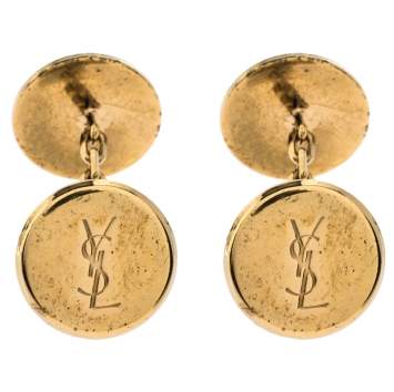 Pre Owned Yves Saint Laurent Gold Tone Round Logo Cufflinks