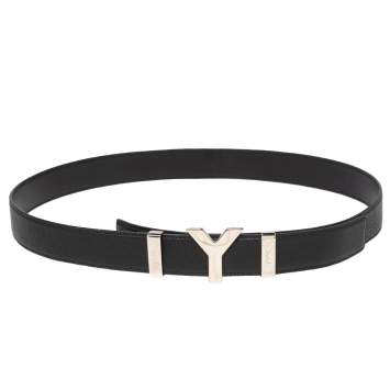 Pre Owned Yves Saint Laurent Black Leather Y Logo Buckle Belt 90CM