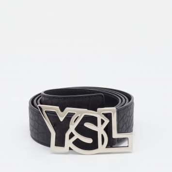 Pre Owned Yves Saint Laurent Black Leather Logo Buckle Belt 105CM