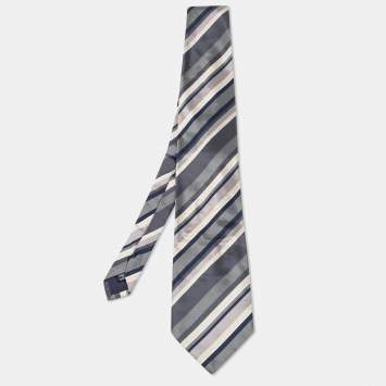 Pre Owned Yves Saint Laurent Vintage Grey Striped Silk Tie