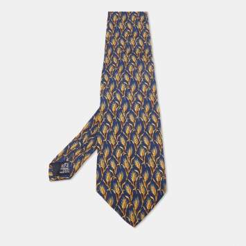 Pre Owned Yves Saint Laurent Paris Navy Blue Wheat Print Silk Tie