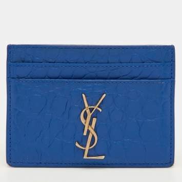 Pre Owned Yves Saint Laurent Monogram Blue Croc Embossed Leather Card Holder
