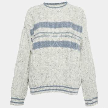 Pre Owned Yves Saint Laurent Vintage Grey/Blue Patterned Knit Sweater L