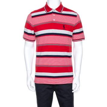 Pre Owned Yves Saint Laurent Red Striped Pique Cotton Polo T-Shirt M