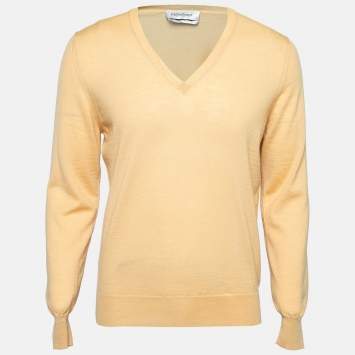 Pre Owned Yves Saint Laurent Yellow Wool V-Neck Long Sleeve Sweater M