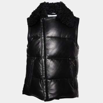 Pre Owned Yves Saint Laurent Black Leather Fur Collar Sleeveless Jacket S