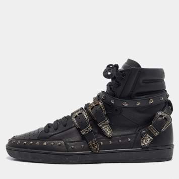 Pre Owned Yves Saint Laurent Black Leather Studded Buckle Detail High Top Sneakers Size 43