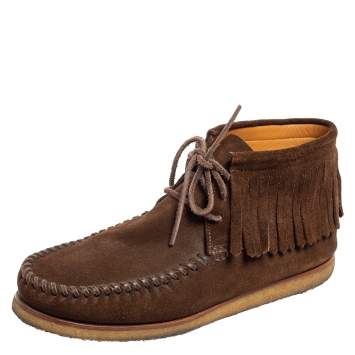Pre Owned Saint Laurent Dark Brown Suede Fringed Ankle-Boots Size 41.5