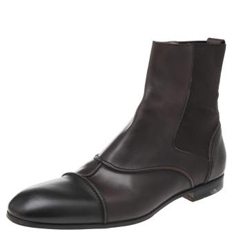 Pre Owned Yves Saint Laurent Dark Brown Leather Cap-Toe Ankle Boots Size 44.5