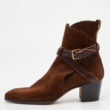 Pre Owned Yves Saint Laurent Brown Suede and Leather Ankle Length Boots Size 42