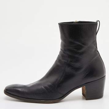 Pre Owned Yves Saint Laurent Black Leather Zip Ankle Length Boots Size 42.5