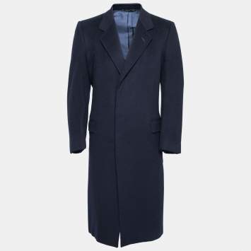 Pre Owned Saint Laurent Rive Gauche Vintage Navy Blue Cashmere Concealed Button Coat XL
