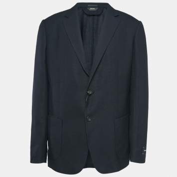 Pre Owned Z Zegna Techmerino Navy Blue Jacquard Wool Blazer XL