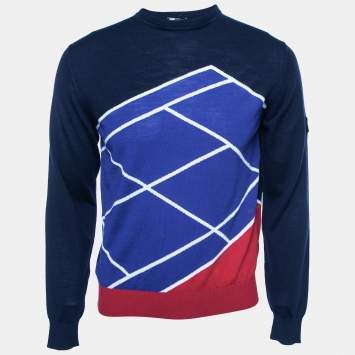 Pre Owned Z Zegna Navy Blue Patterned Wool Crewneck Techmerino Sweater S