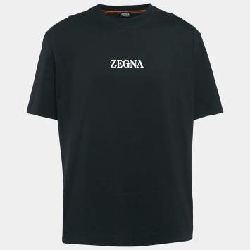 Pre Owned Zegna Black Logo Print Jersey Crew Neck -Shirt XXL