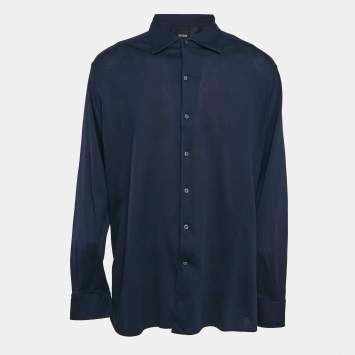 Pre Owned Z Zegna Navy Blue Textured Cotton Long Sleeve Shirt XXL