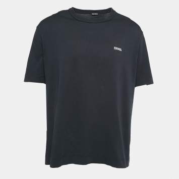 Pre Owned Zegna Black Logo Embroidered Cotton Jersey Crew Neck T-Shirt XXL