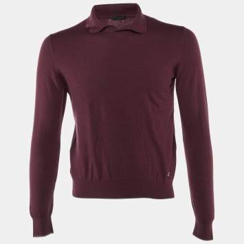 Pre Owned Z Zegna Burgundy Wool Knit Polo Sweater L