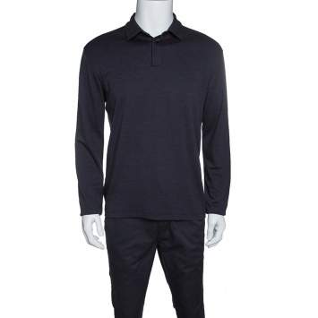 Pre Owned Z Zegna Dark Grey Techmerino Wool and Silk Jersey Long Sleeve Polo T-Shirt L