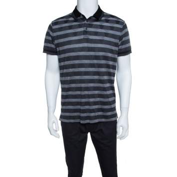 Pre Owned Z Zegna Grey Striped Knit Geometric Pattern Short Sleeve Polo T-Shirt L