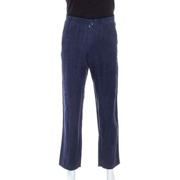 Pre Owned Z Zegna Blue Linen Drawstring Waist Relaxed Fit Trousers M
