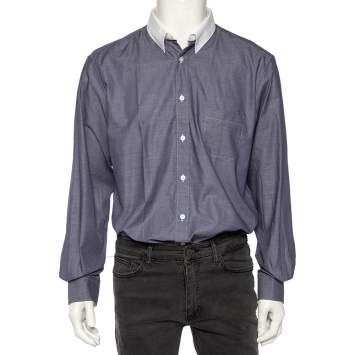 Pre Owned Z Zegna Ink Blue Cotton Contrast Collar City Shirt L