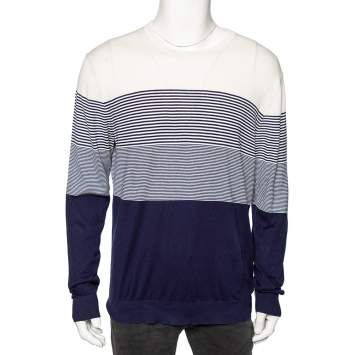Pre Owned Z Zegna Navy Blue Striped Silk Knit Long Sleeve Sweater XXL