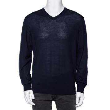 Pre Owned Z Zegna Navy Blue Wool V-Neck Long Sleeve Jumper L