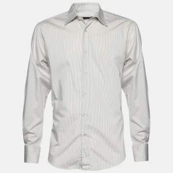 Pre Owned Z Zegna Beige Striped Embroidered Long Sleeve Shirt M