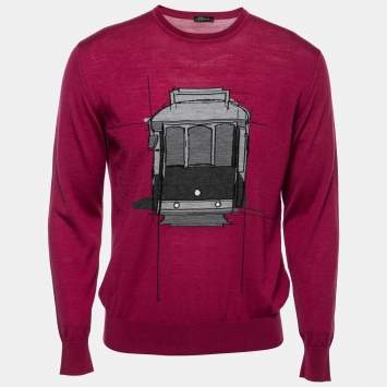 Pre Owned Z Zegna Purple Train Print Wool Crewneck Sweater M