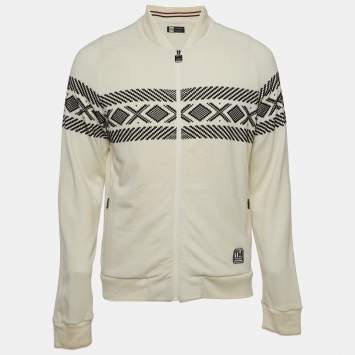Pre Owned Z Zegna Techmerino Cream Patterned Wool Zip Front Sweatshirt M
