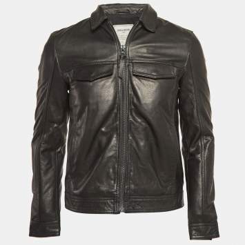 Pre Owned Zadig & Voltaire Black Leather Zip Front Jacket S