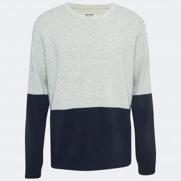 Pre Owned Zadig & Voltaire Grey/Navy Blue Wool Round Neck Rod Jumper L