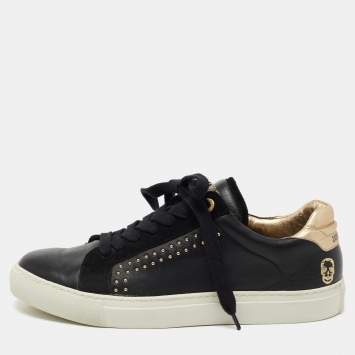Pre Owned Zadig and Voltaire Black Leather And Suede Studded Lace Up Sneakers Size 40