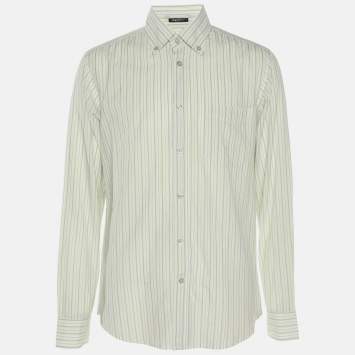 Pre Owned Zegna Sport Green/Grey Stripe Cotton Long Sleeve Shirt M