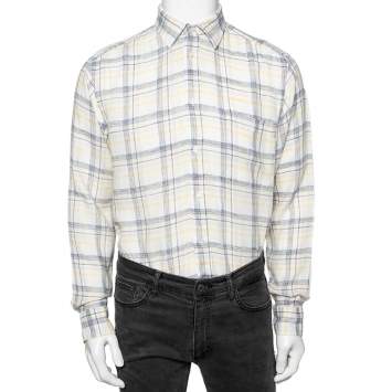 Pre Owned Zegna Sport Off-White Checked Linen Button Front Shirt M
