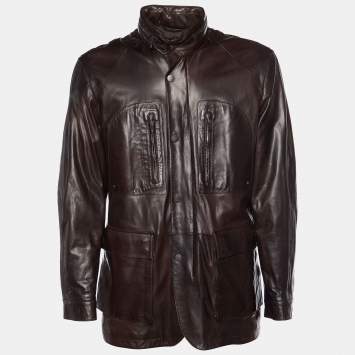 Pre Owned Zegna Sport Brown Leather Zip Front Jacket XL