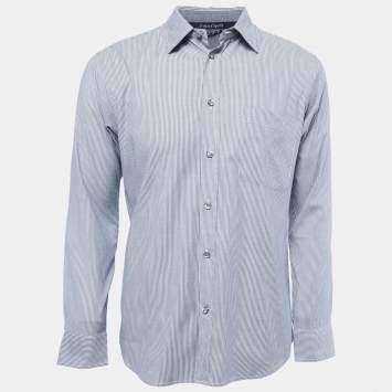 Pre Owned Zegna Sport Navy Blue Striped Cotton Long Sleeve Shirt M