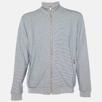 Pre Owned Zegna Sport Grey Striped Cotton Knit Zip Front Jacket XL