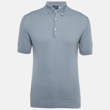 Pre Owned Zegna Slate Blue Cotton Knit Polo T-Shirt M