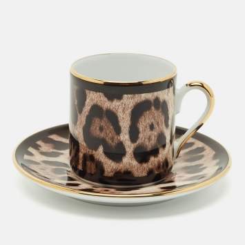 Pre Owned Dolce & Gabbana Leopard Print Porcelain Espresso Cup and Saucer Set